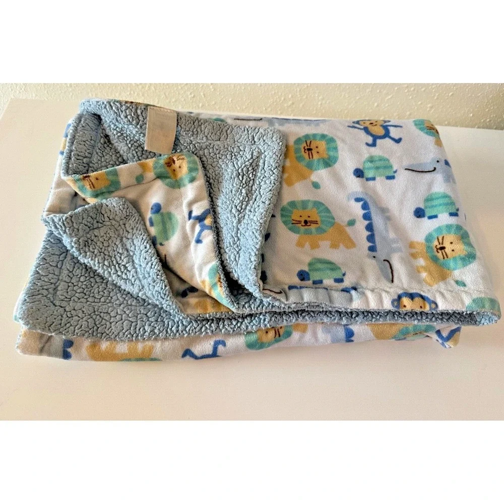 Luvable Friends Baby Blanket Safari Blue Monkey Lion Alligator Turtle Sherpa